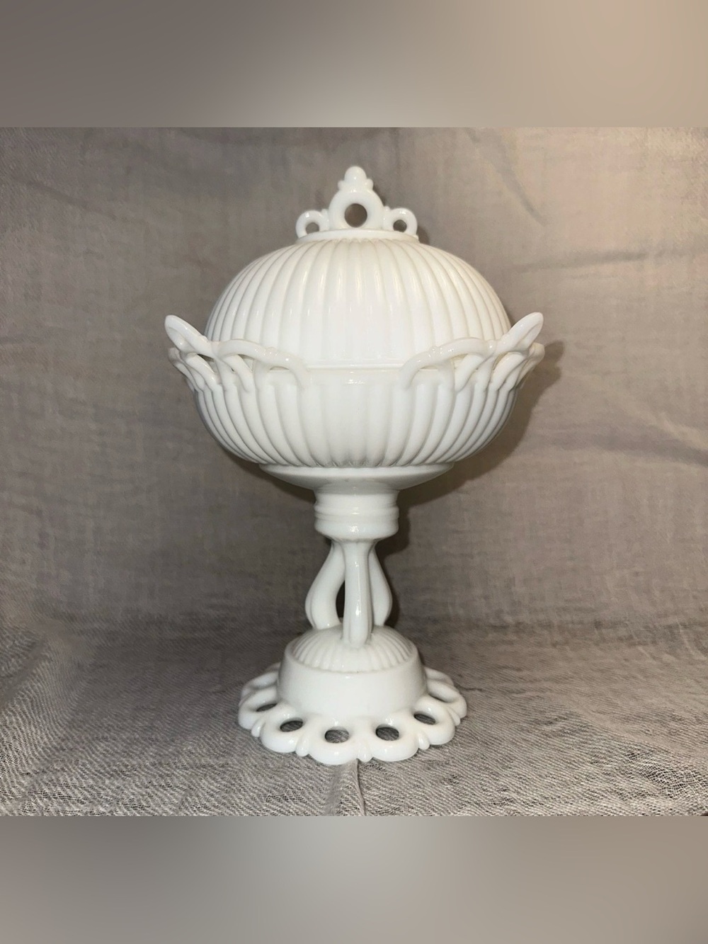 Vintage Westmoreland Milk Glass Doric Lace Covered 10" Pedestal Candy Dish w/Lid